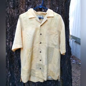 TOMMY BAHAMA 100% SILK Mens M Hawaiian Yellow Palm Tree Embroidered Camp Shirt
